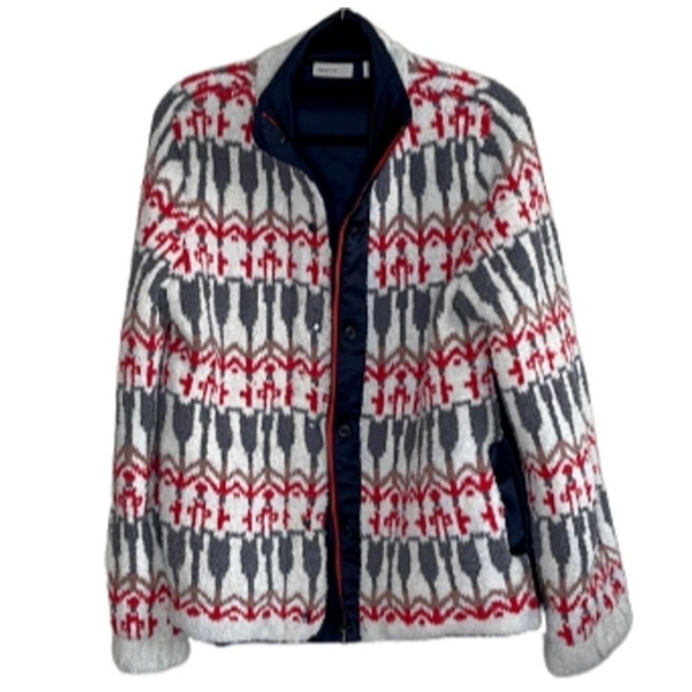 Sleeping on Snow Anthropologie Mixed‎ Media Sherpa Fair Isle Jacket Navy Red M